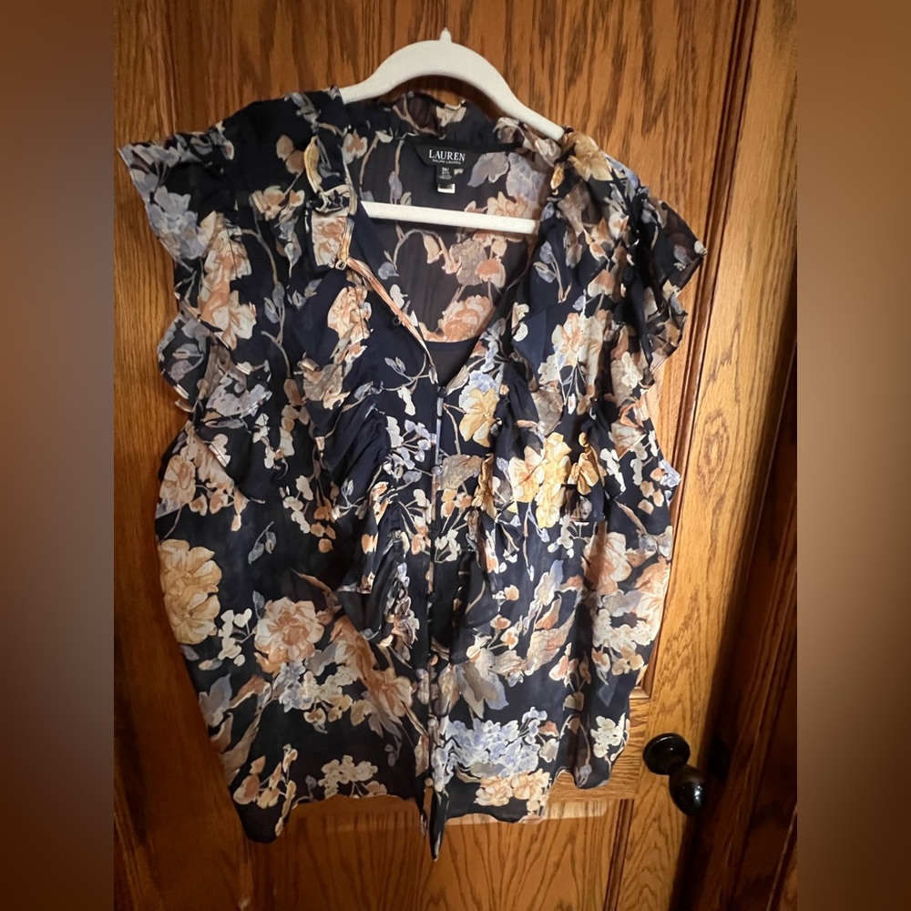 Ralph Lauren Floral Ruffle Sleeve Top - Navy and Cream